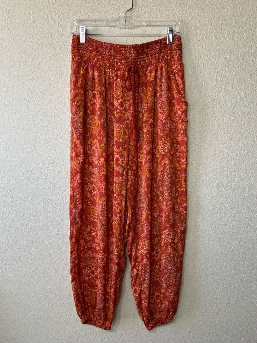 Aerie Women’s Orange Paisley Harem Pants Elastic Waist Drawstring Pockets Large
